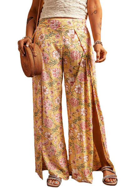 Yellow Floral Print High Slit Wide Leg Pants