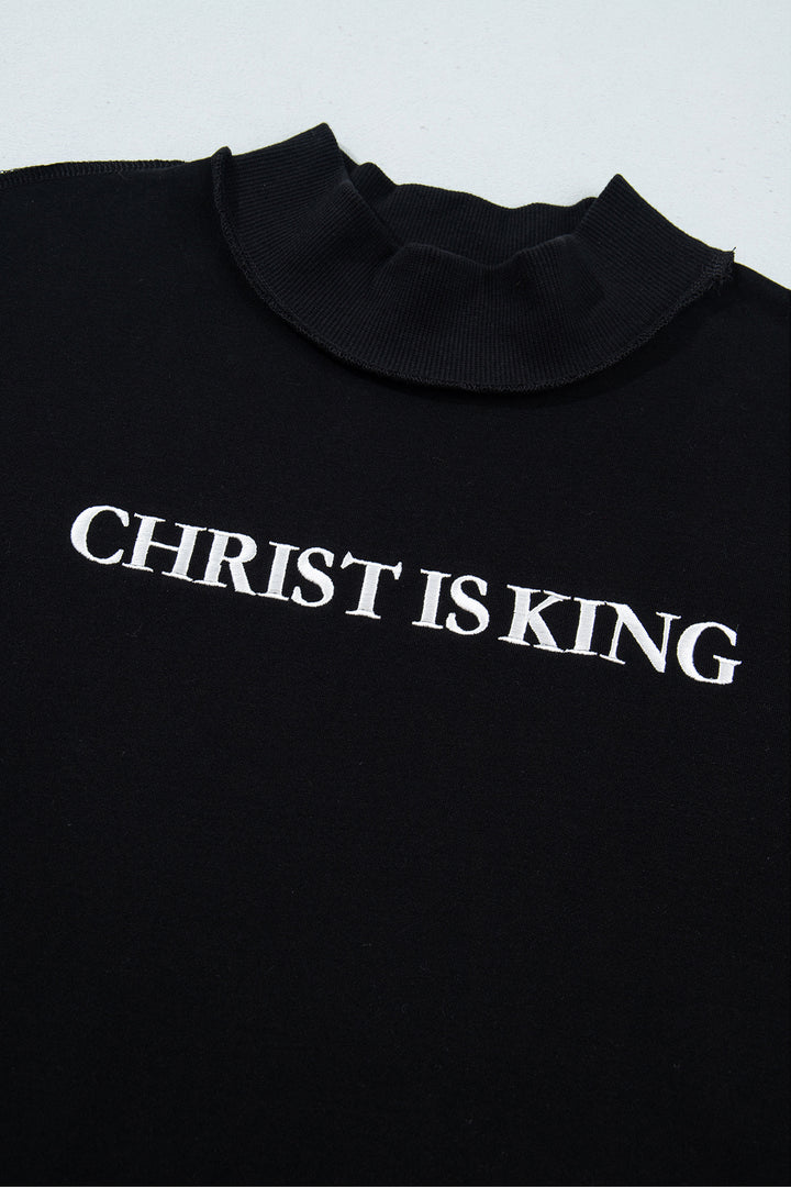 Black CHRIST IS KING Embroidery High Neck Baggy Sweatshirt