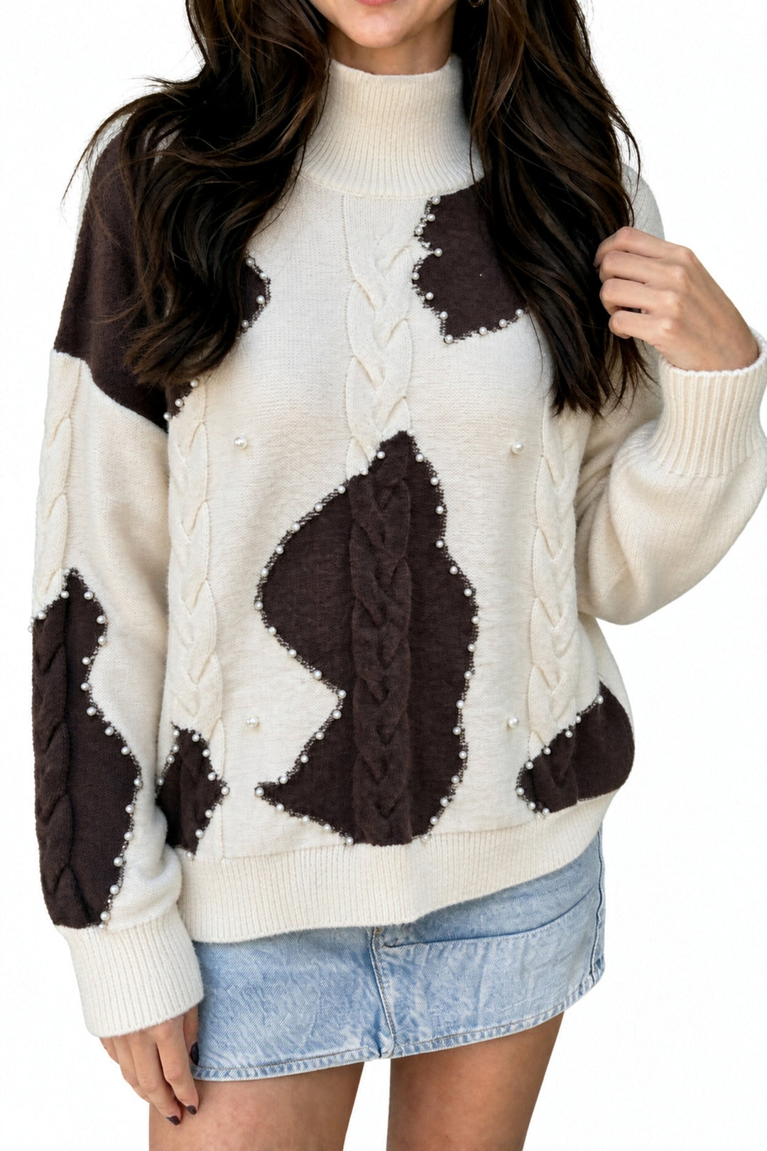 Beige Cable Detail Knit Beaded Western Spots Casual Sweater