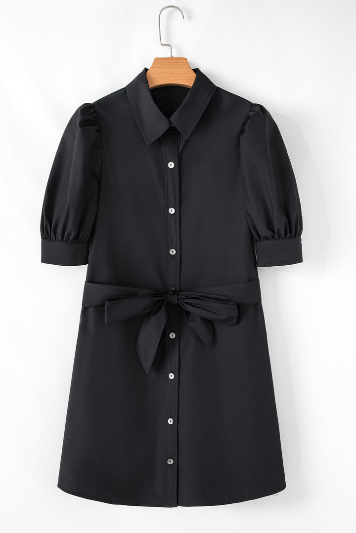 Malaya Button Up Tie Waist Puff Sleeve Mini Dress