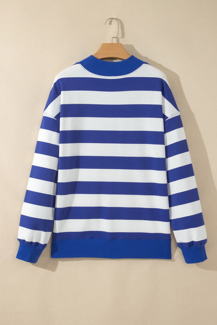 Blue Stripe Colorblock Mock Neck Relaxed Sweatshirt