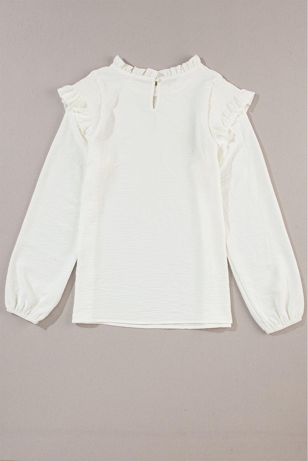 White Frilled Neck Ruffled Trim Bubble Sleeve Blouse