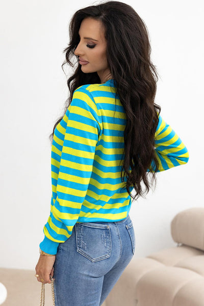 Green Stripe Crew Neck Drop Shoulder Casual Sweater