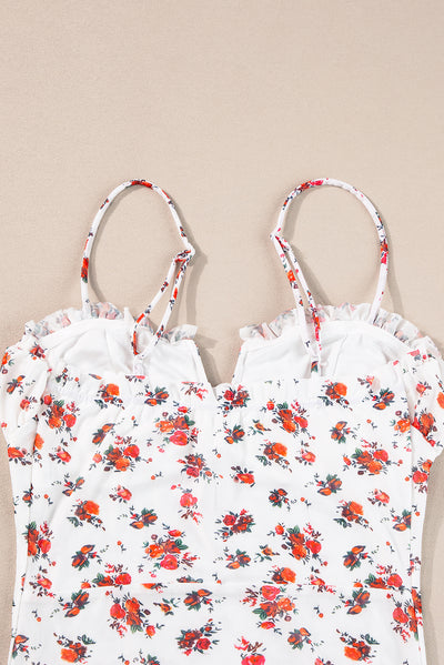 White Floral V Cut Frilled Trim Spaghetti Straps Bodysuit