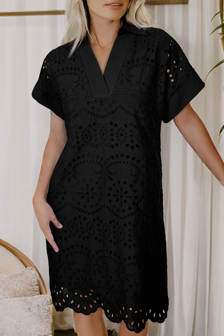 Dark Blue Solid Color Eyelet Embroidered T Shirt Mini Dress