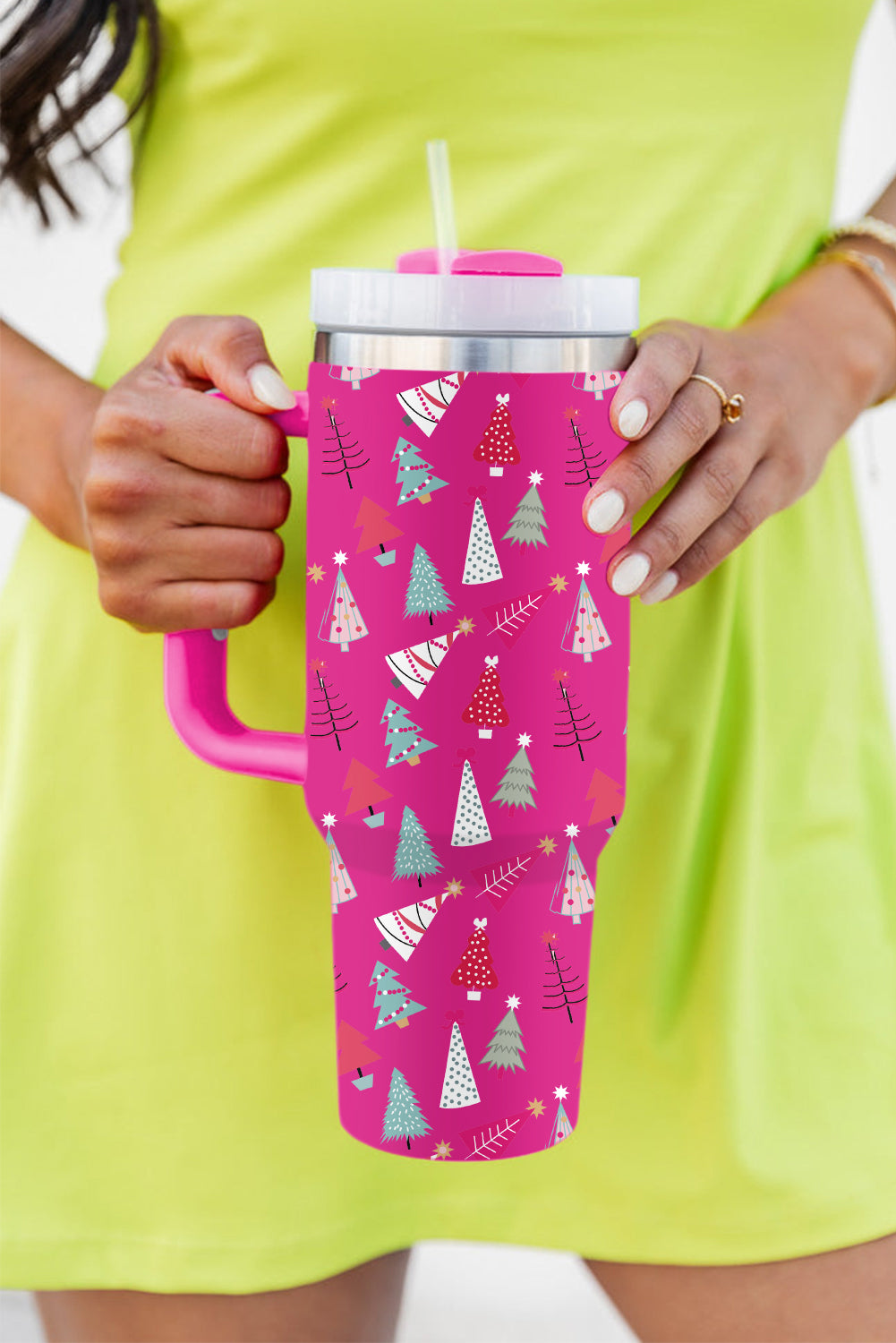 White Cartoon Christmas Tree Printed Thermos Cup 40oz