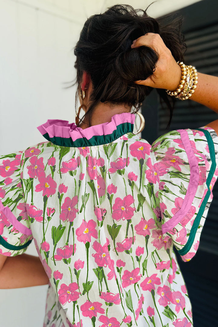 Pink Floral Print Contrast Trim V Neck Double Ruffled Short Sleeve Blouse