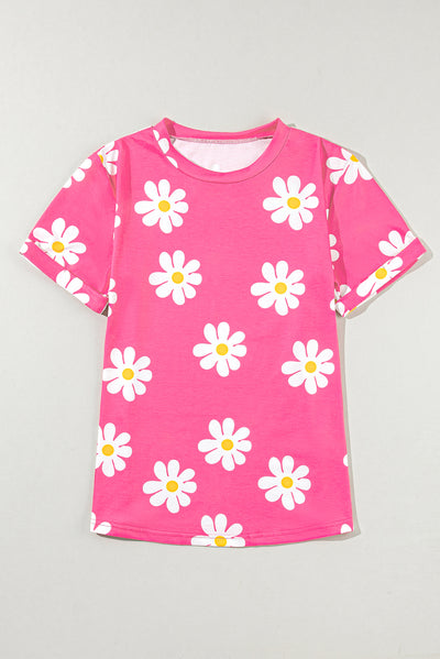 Pink Daisy Printed Crewneck T Shirt