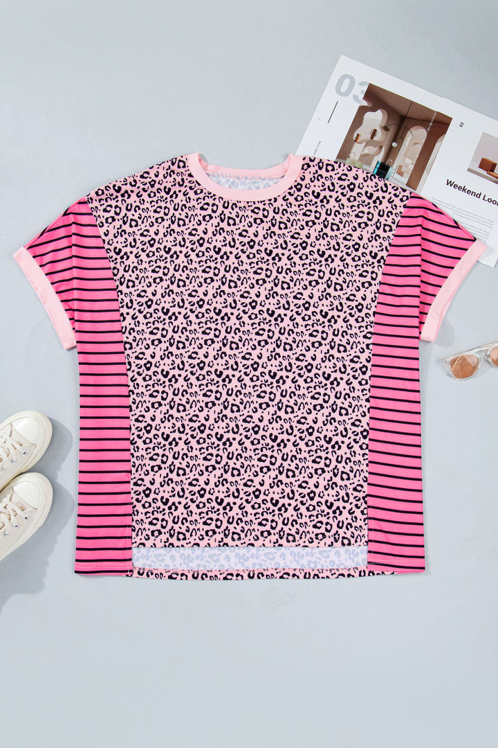 Pink Leopard Striped Contrast Patchwork Plus Size Tee