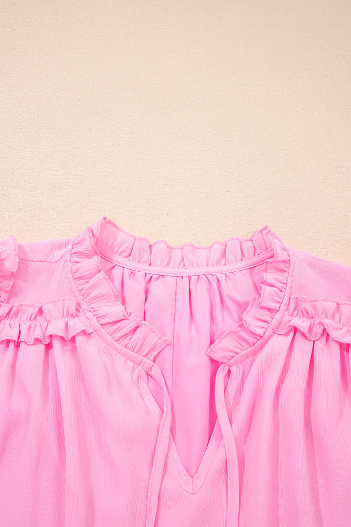 Bonbon Plus Size Textured Tassel Tie V Neck Ruffle Short Sleeve Blouse