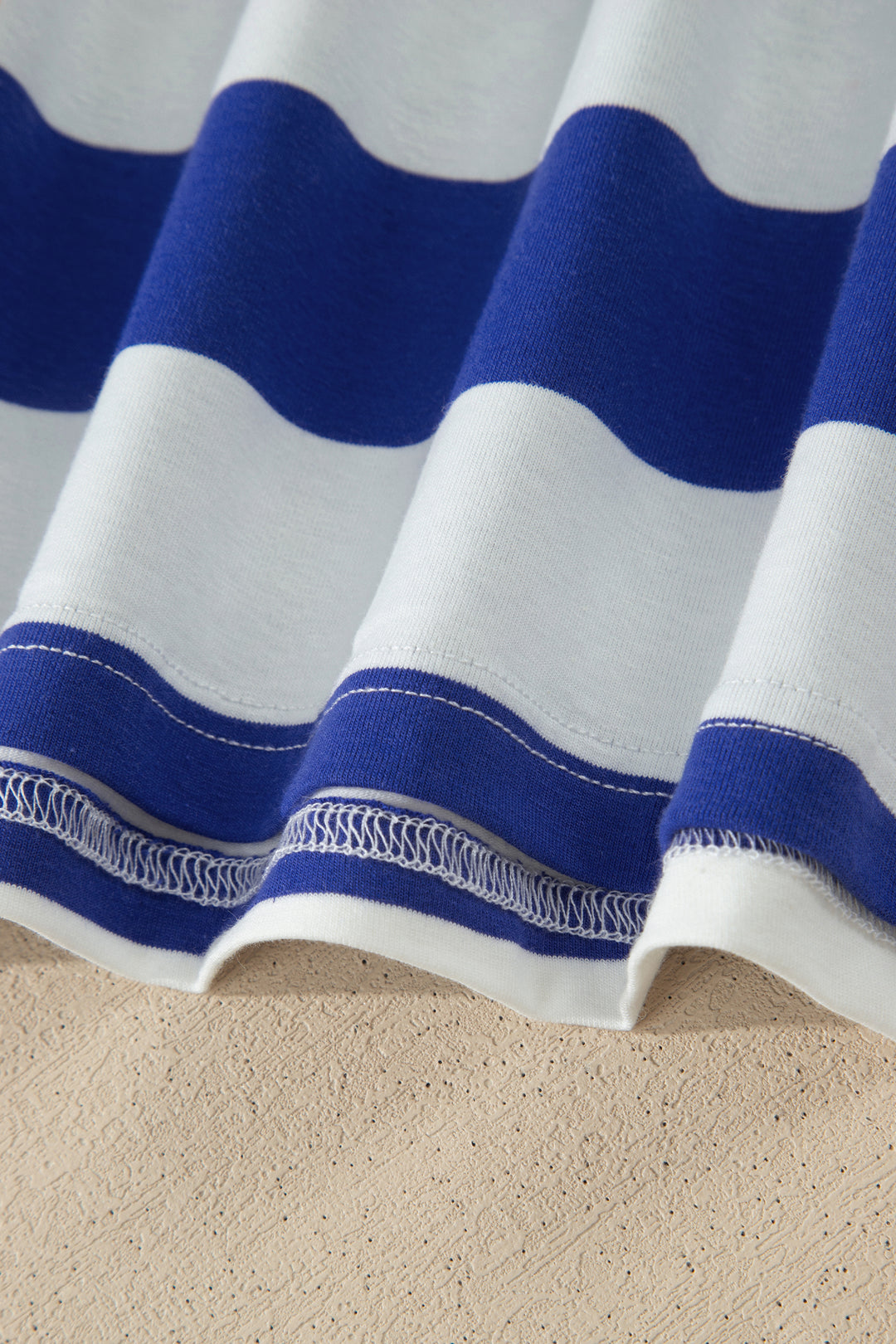 Blue Stripe Contrast Trim Round Neck Short Puff Sleeve Shift Mini Dress