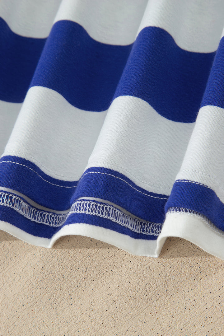 Blue Stripe Contrast Trim Round Neck Short Puff Sleeve Shift Mini Dress