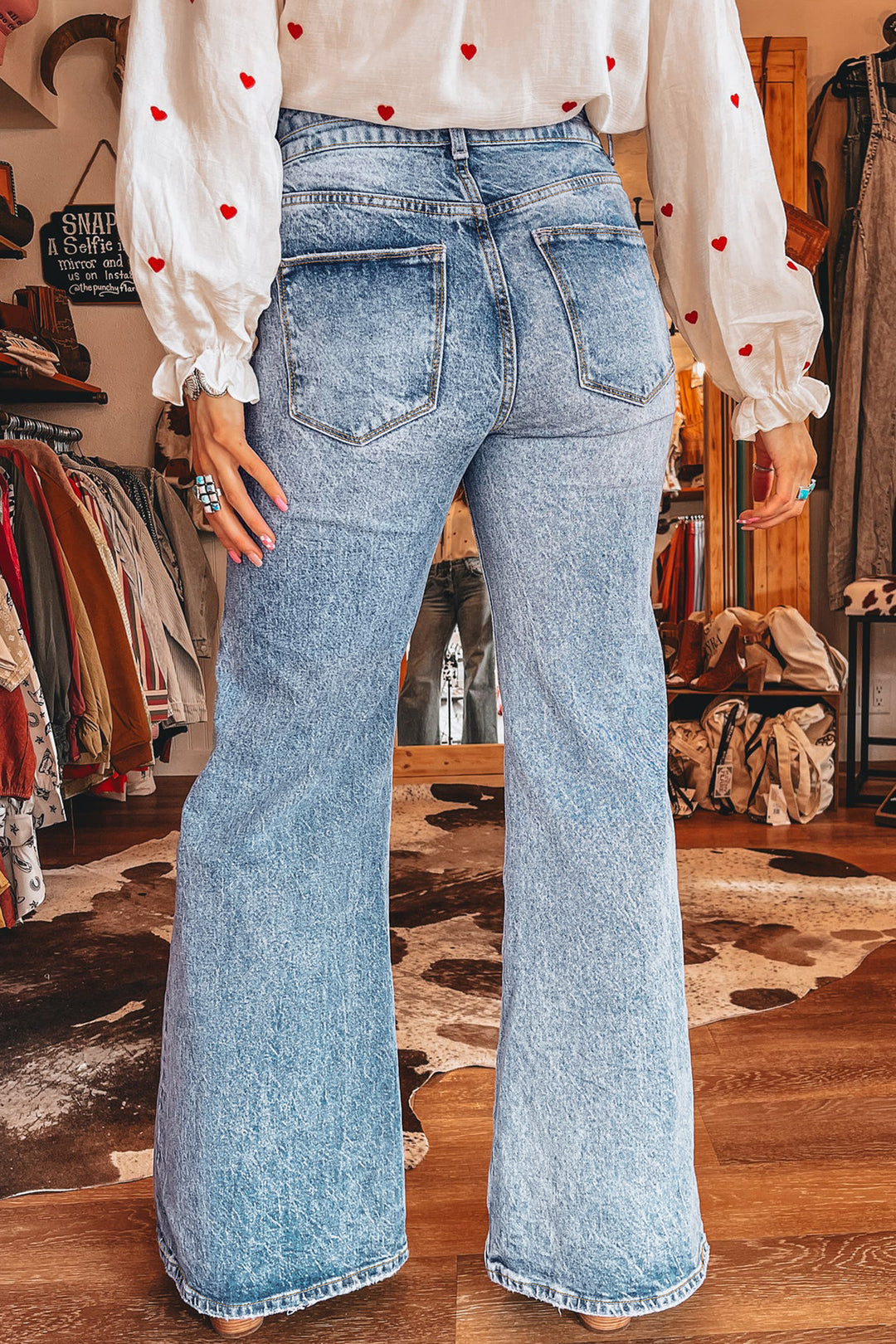 Beau Blue Acid Wash Pocket Detail Flare Jeans