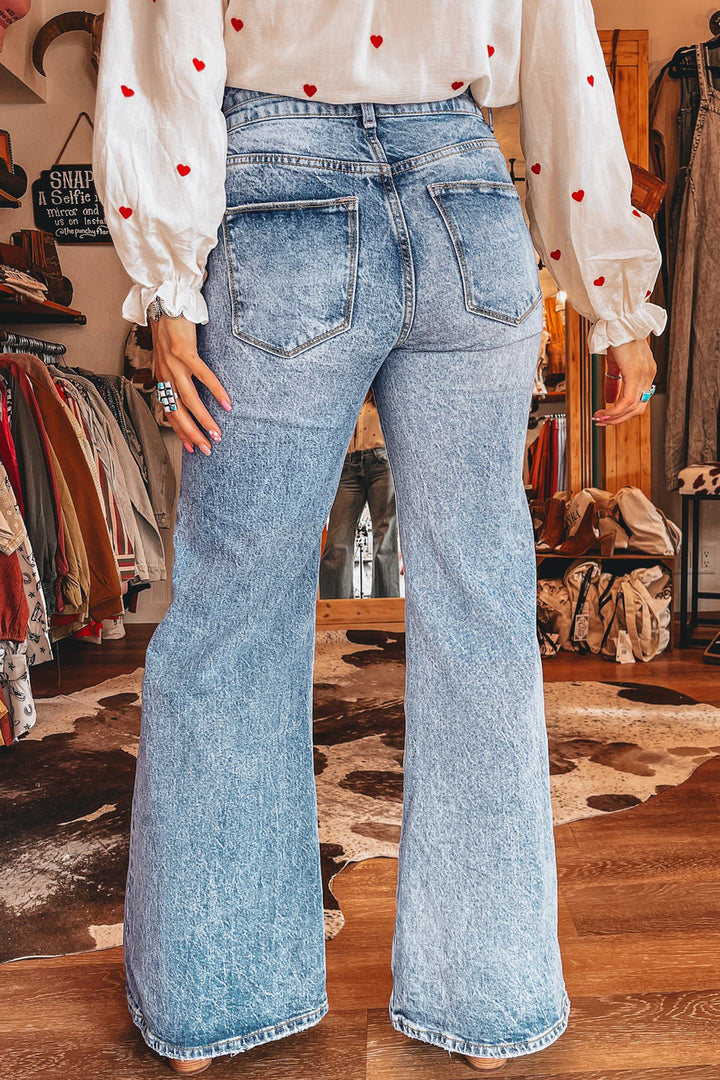 Beau Blue Acid Wash Pocket Detail Flare Jeans