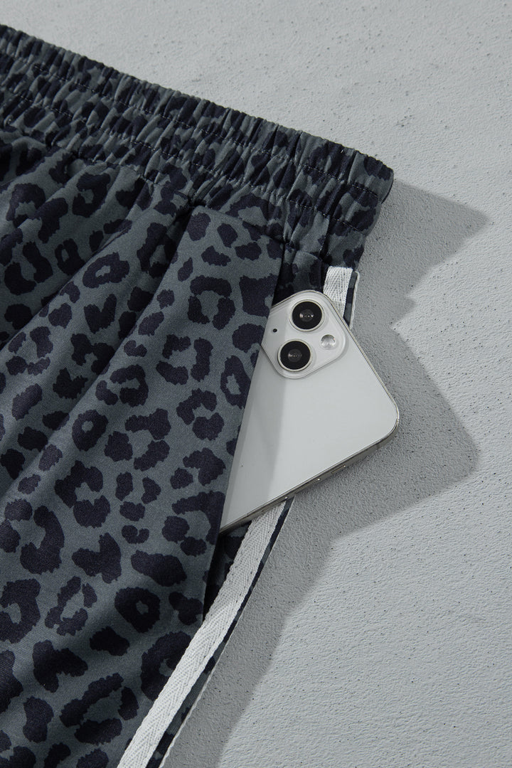 Gray Leopard Print Bracelet Sleeve Top Plus Size Loose Pants Set