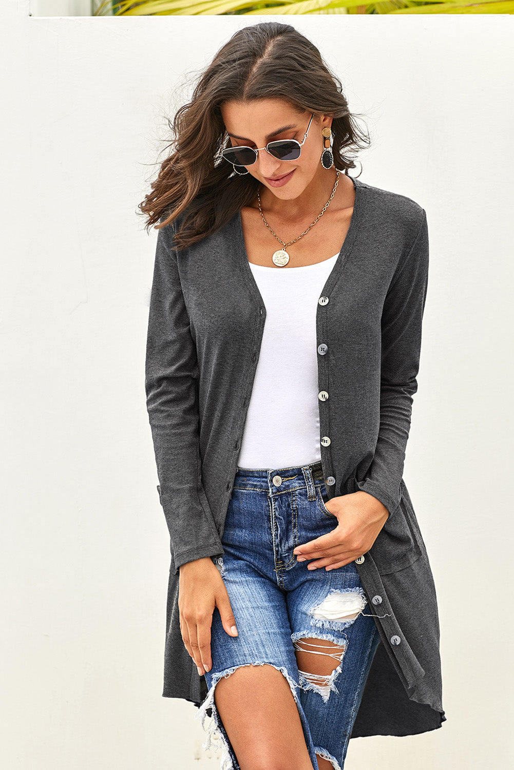 Gray Selected Button Down Pocketed High Low Cardigan