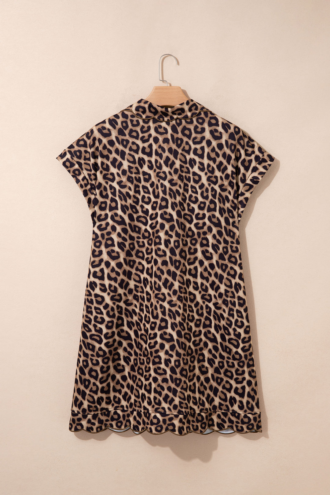 Khaki Buttoned Collar Short Sleeve Shift Leopard Dress with Pockets