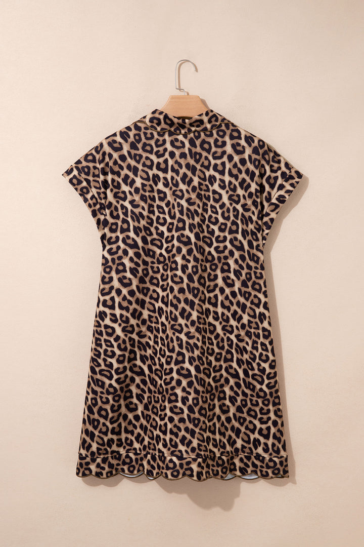 Khaki Buttoned Collar Short Sleeve Shift Leopard Dress with Pockets
