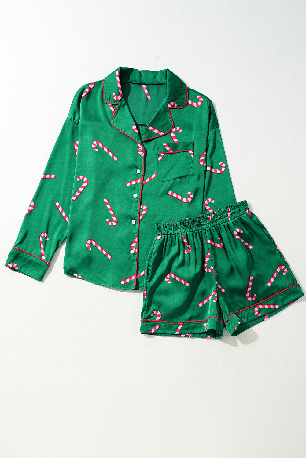 Green Christmas Candy Cane Print Shirt and Shorts Pajama Set