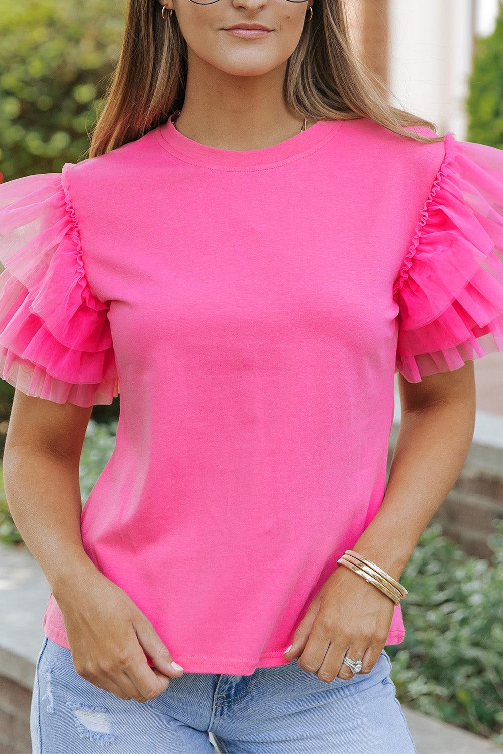 Pink Tulle Ruffle Sleeve Blouse