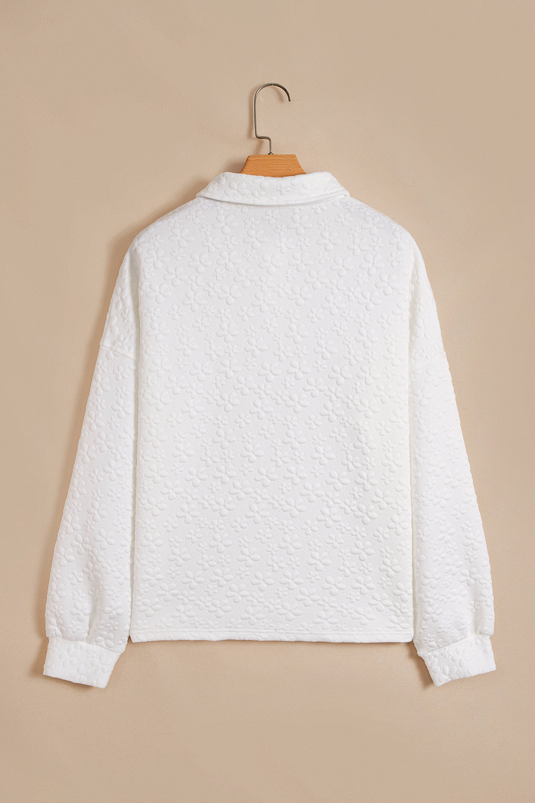 White Solid Color Textured Relaxed Button Collar Pullover Sweatshirt