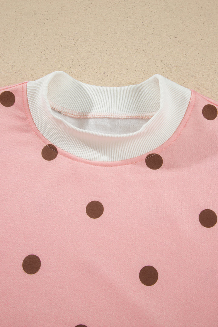 Brown Polka Dot Ribbed Trim Long Sleeve Top Casual Short Set