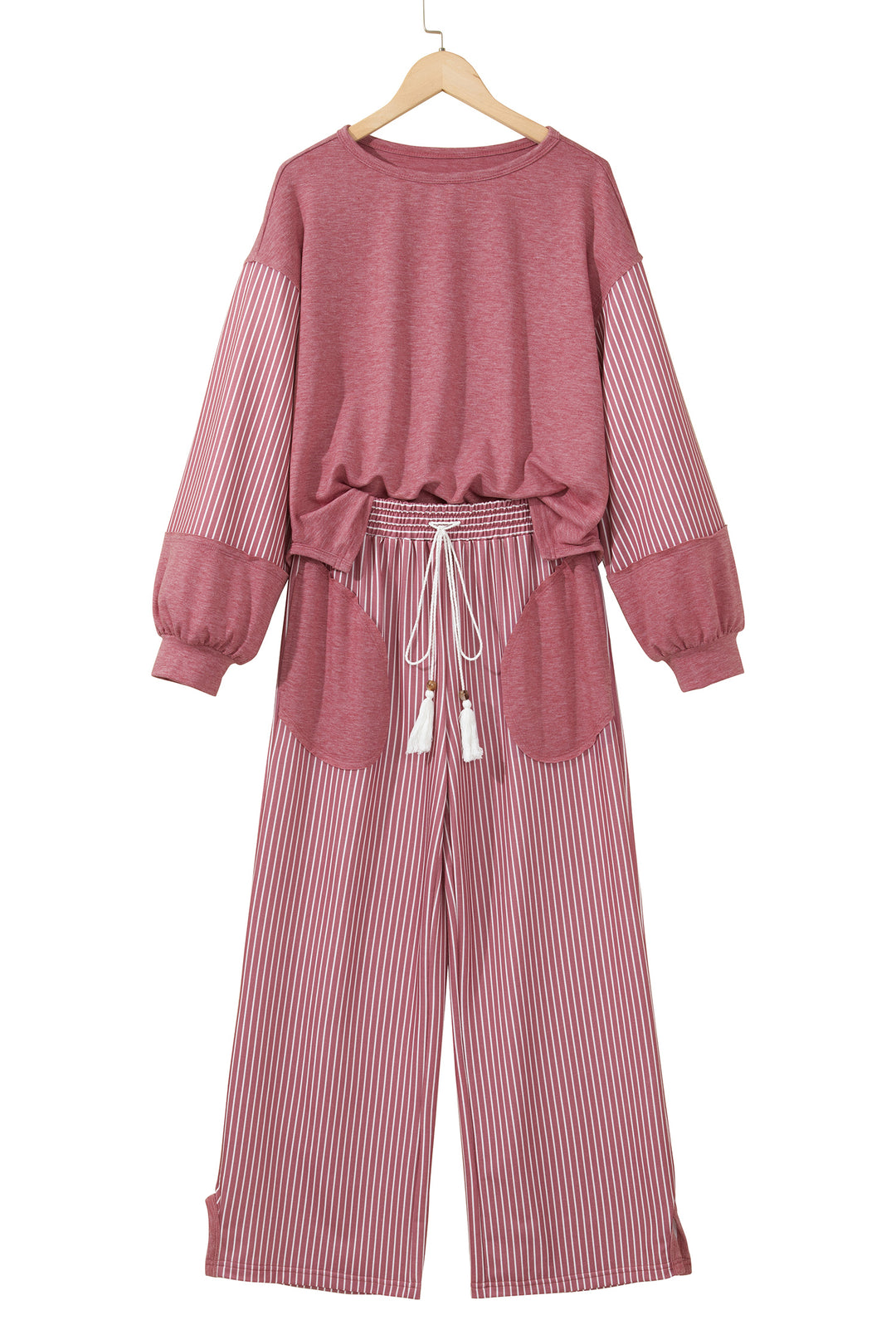 Fushia Raw Seam Patchwork Long Sleeve Top Pocket Casual Pants 2pcs Set