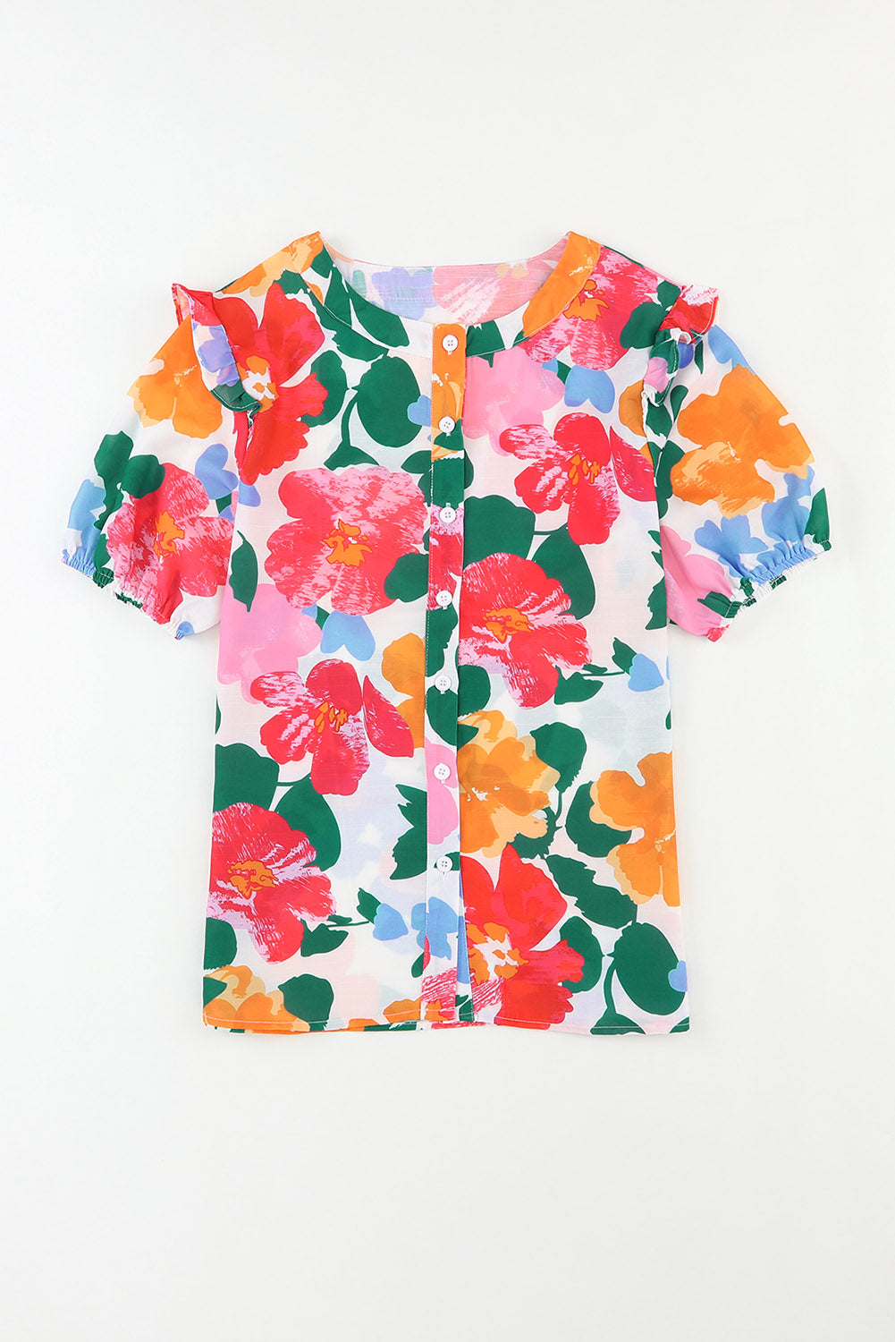 Multicolor Floral Print Ruffle Trim Puff Sleeve Shirt