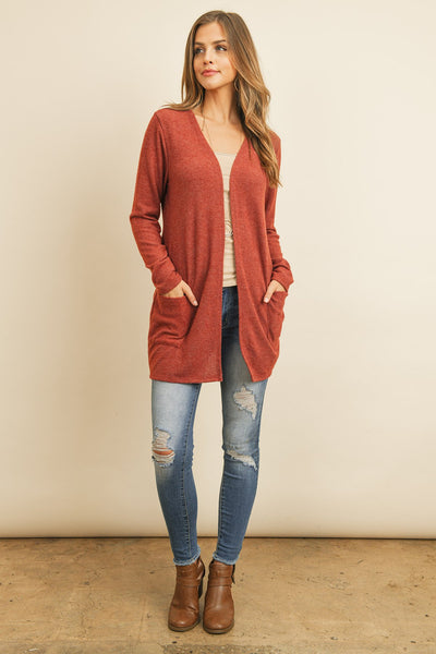 Solid Long Sleeved Open Front Pocket Cardigan