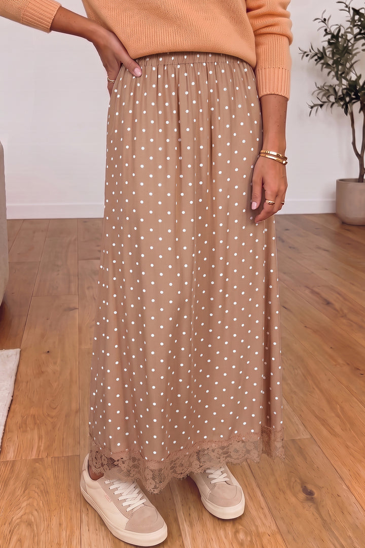 Brown Polka Dot Lace Hem Elegant Long Shift Skirt