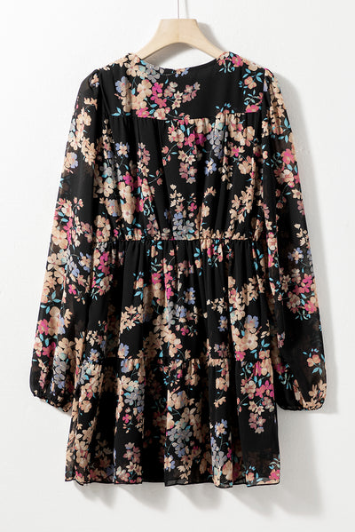 Black Floral Smocked Round Neck Ruffle Tiered Dress