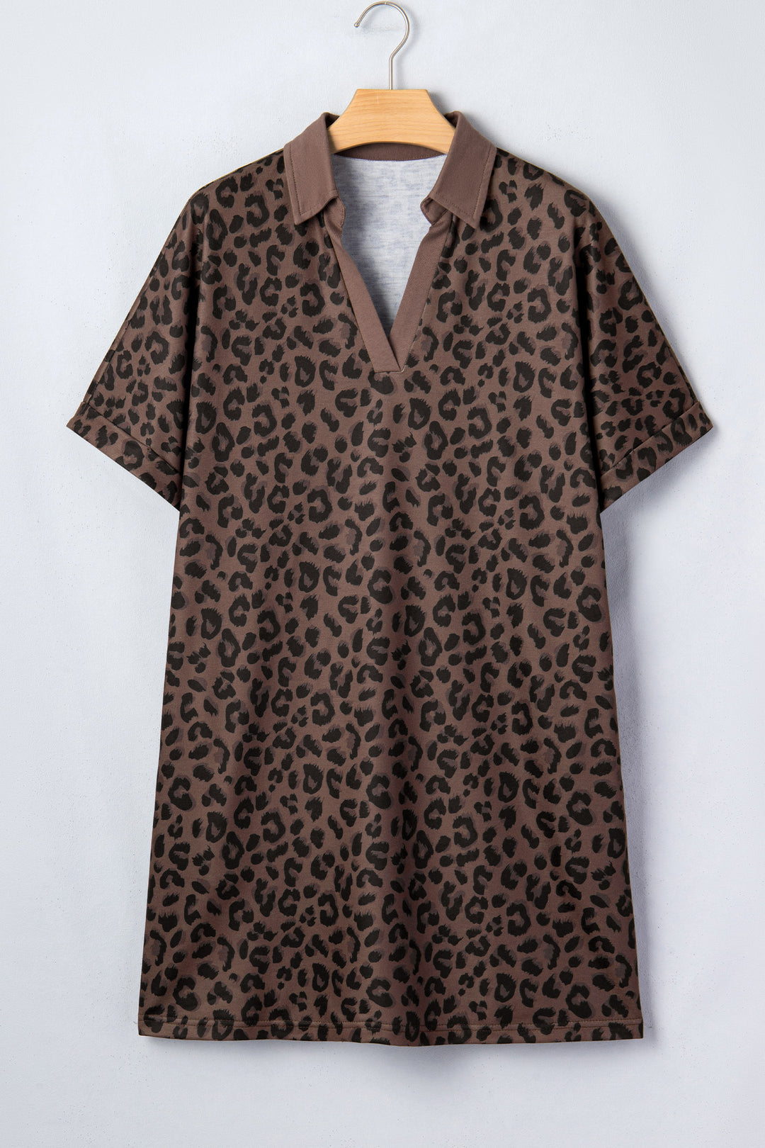 Brown Leopard Print Contrast Collar V-Neck Mini Dress