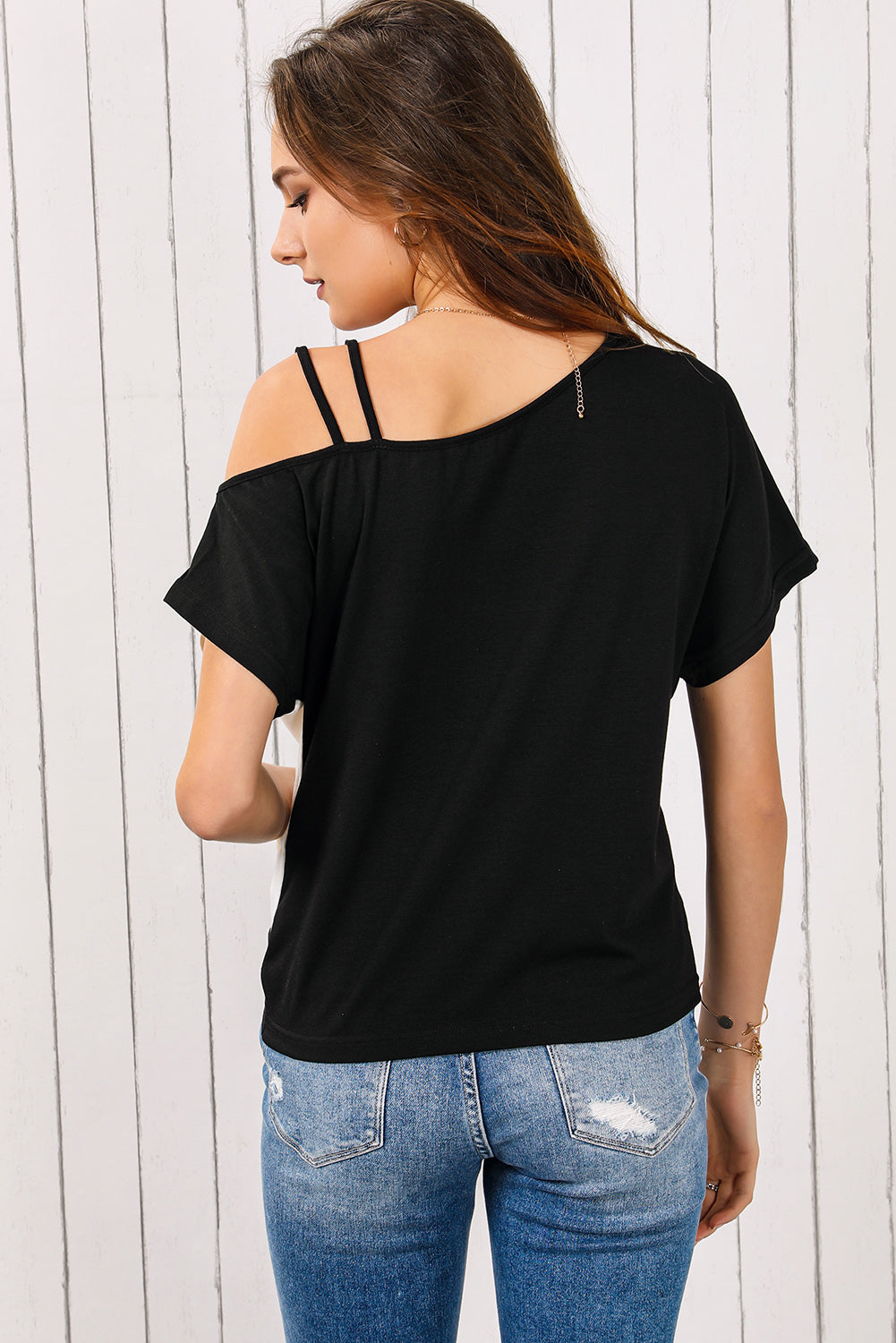 Black Asymmetric Colorblock Strappy Cold Shoulder Twist Hem Top