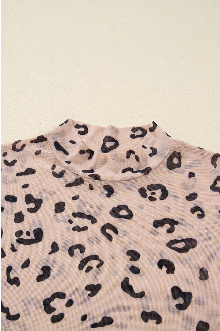 Khaki Mock Neck Sheer Mesh Leopard Long Sleeve Bodysuit