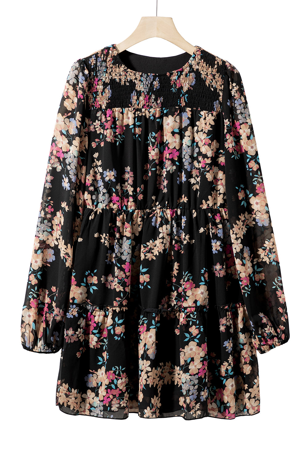 Black Floral Smocked Round Neck Ruffle Tiered Dress