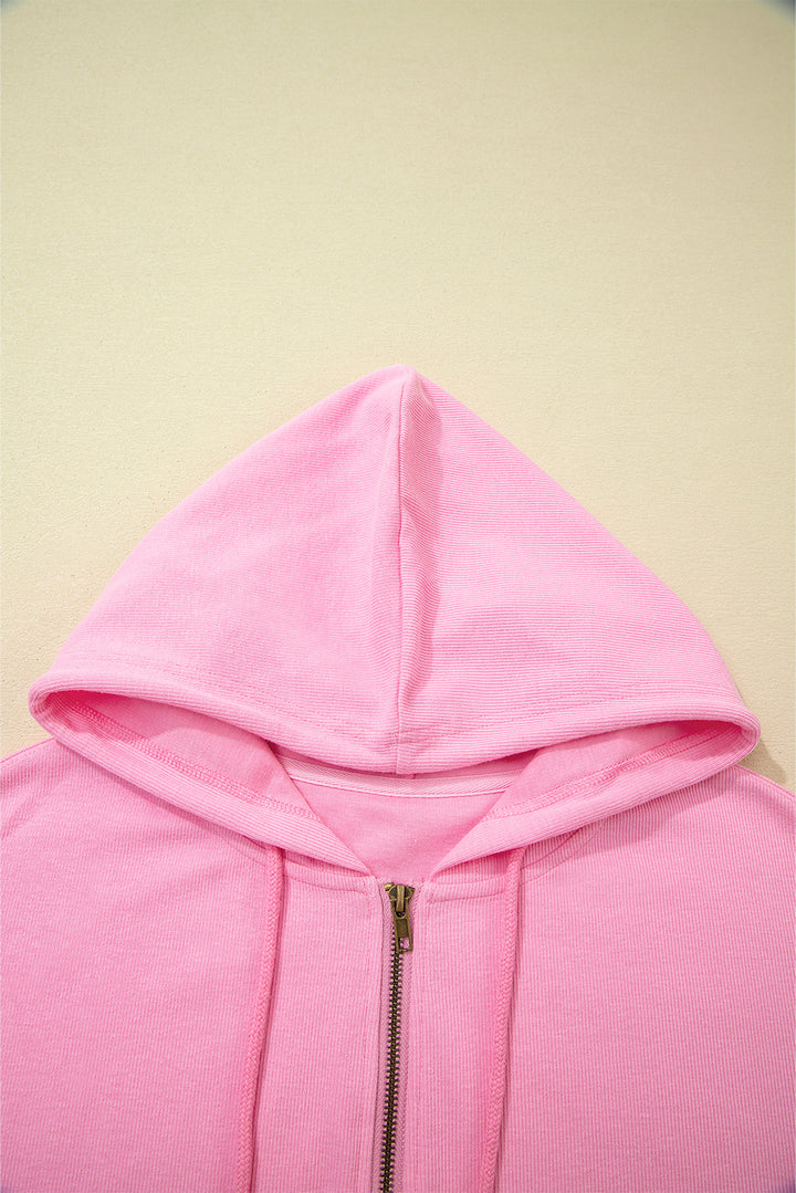 Sachet Pink Solid Color Ribbed Zip Up Drawstring Hooded Jacket