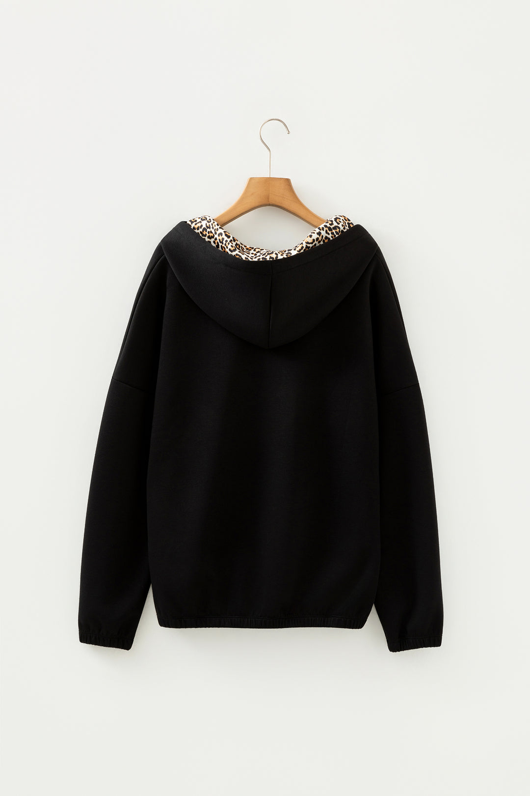 Jet Stream Leopard Contrast Drawstring Hood Drop Shoulder Loose Top