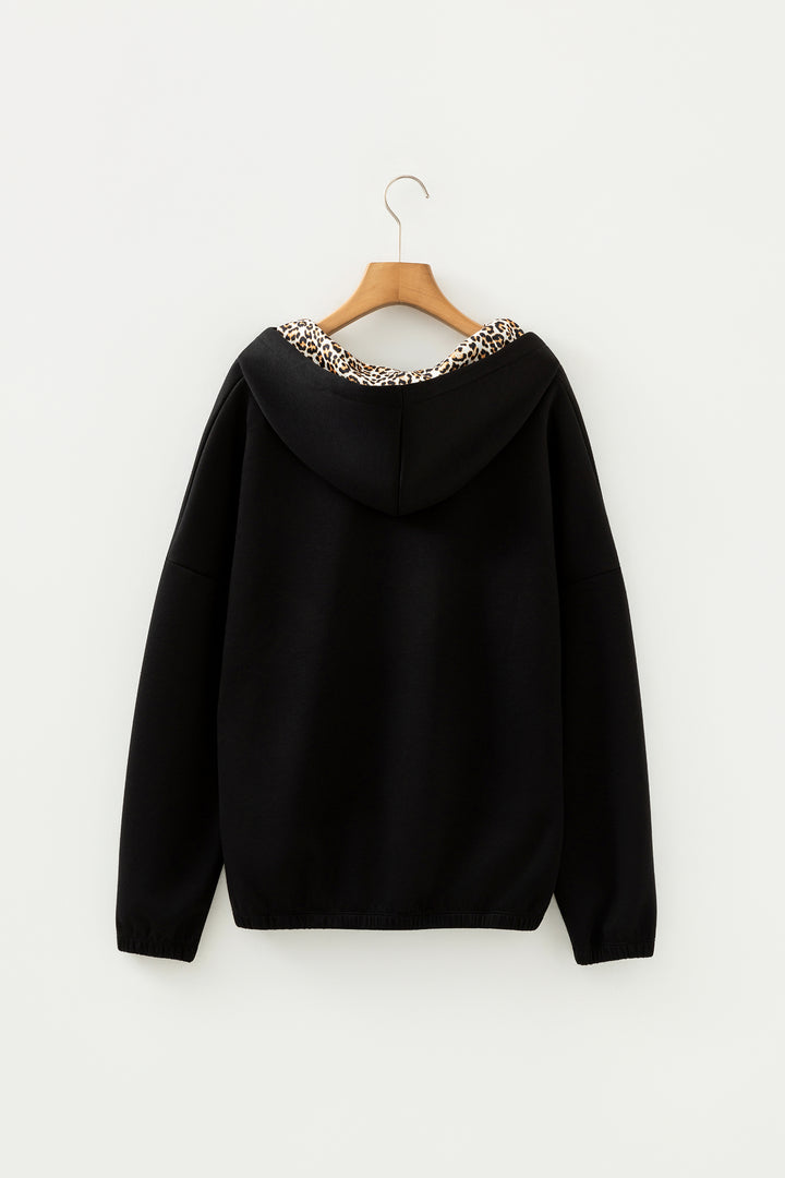 Jet Stream Leopard Contrast Drawstring Hood Drop Shoulder Loose Top