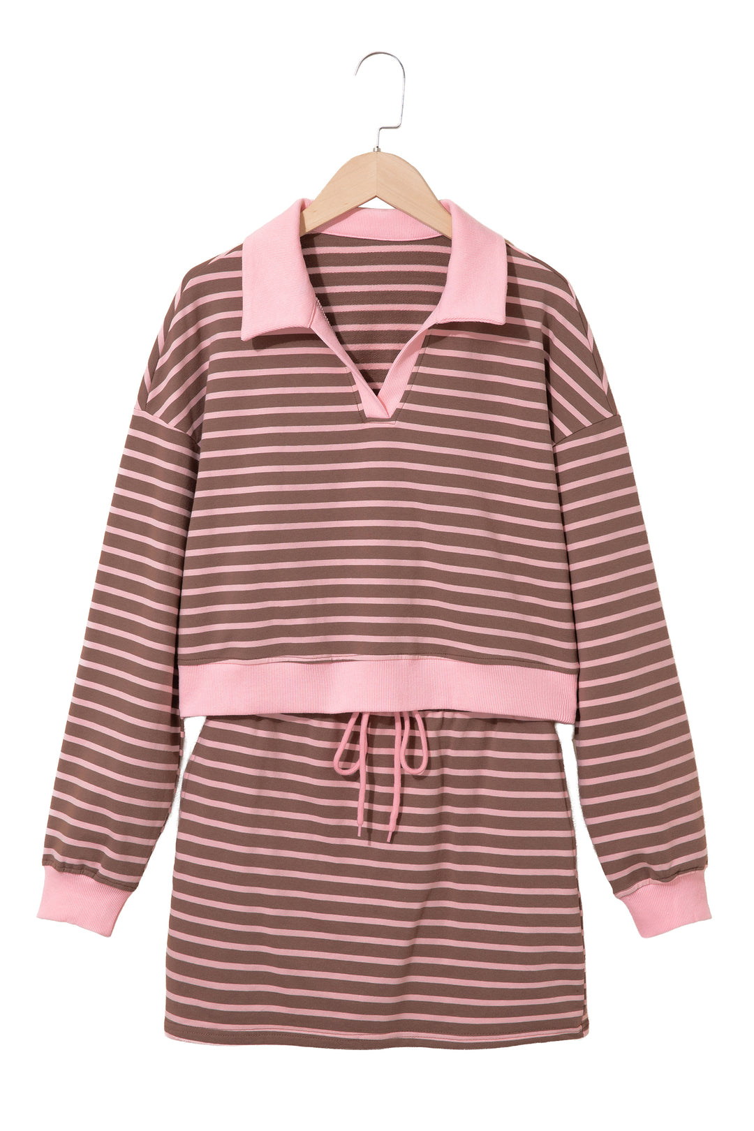 Brown Stripe Striped Drawstring Waist Long Sleeve Top Mini Skort Set