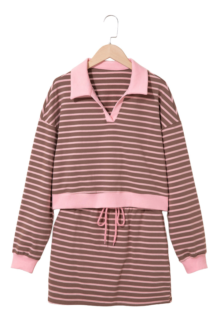 Brown Stripe Striped Drawstring Waist Long Sleeve Top Mini Skort Set