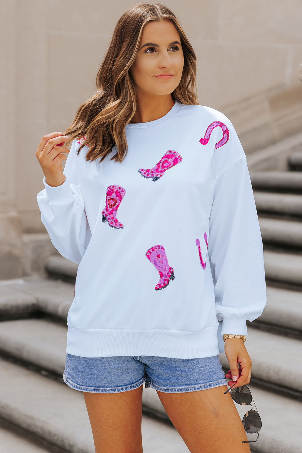 White Sequin Western Cowgirl Boots Graphic Sweatshirt