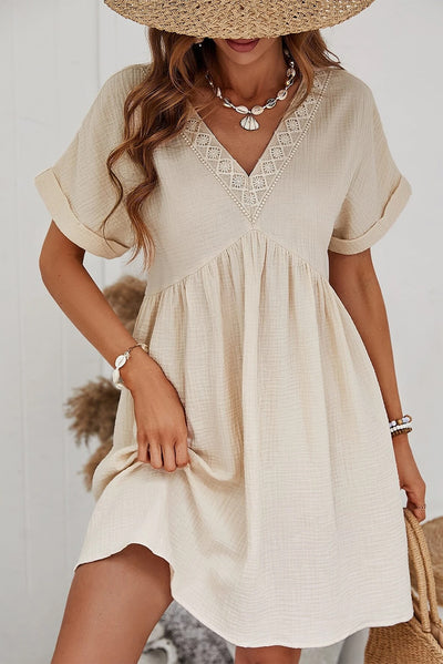 Beige Folded Short Sleeve Lace V Neck Mini Dress