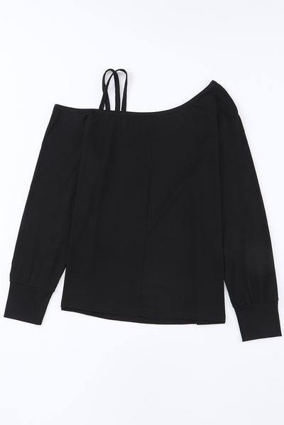 Black One Shoulder Long Sleeve Shift Blouse