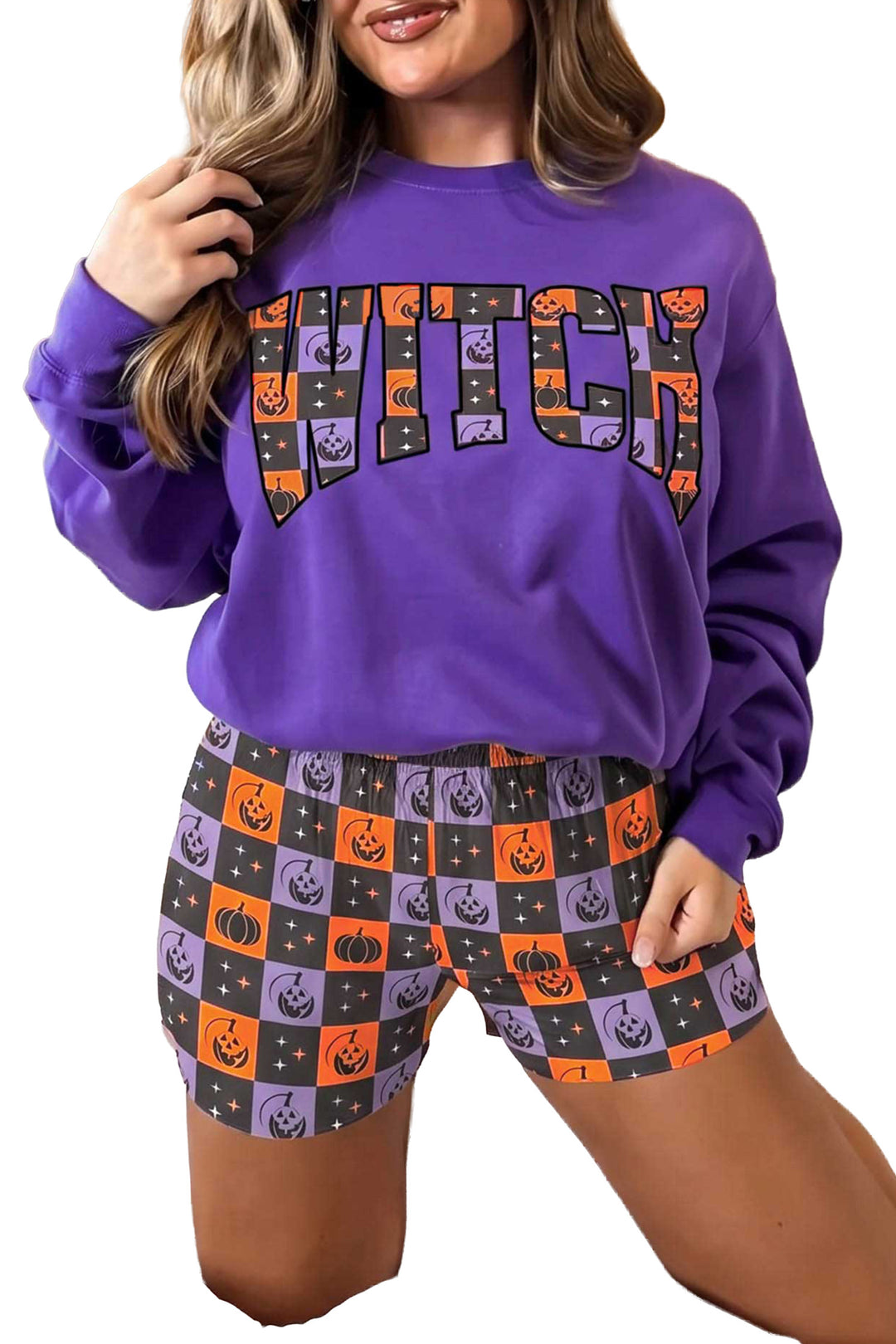 Orange Witch Letter Print Long Sleeve Top Checkered Elastic Waist Shorts Set
