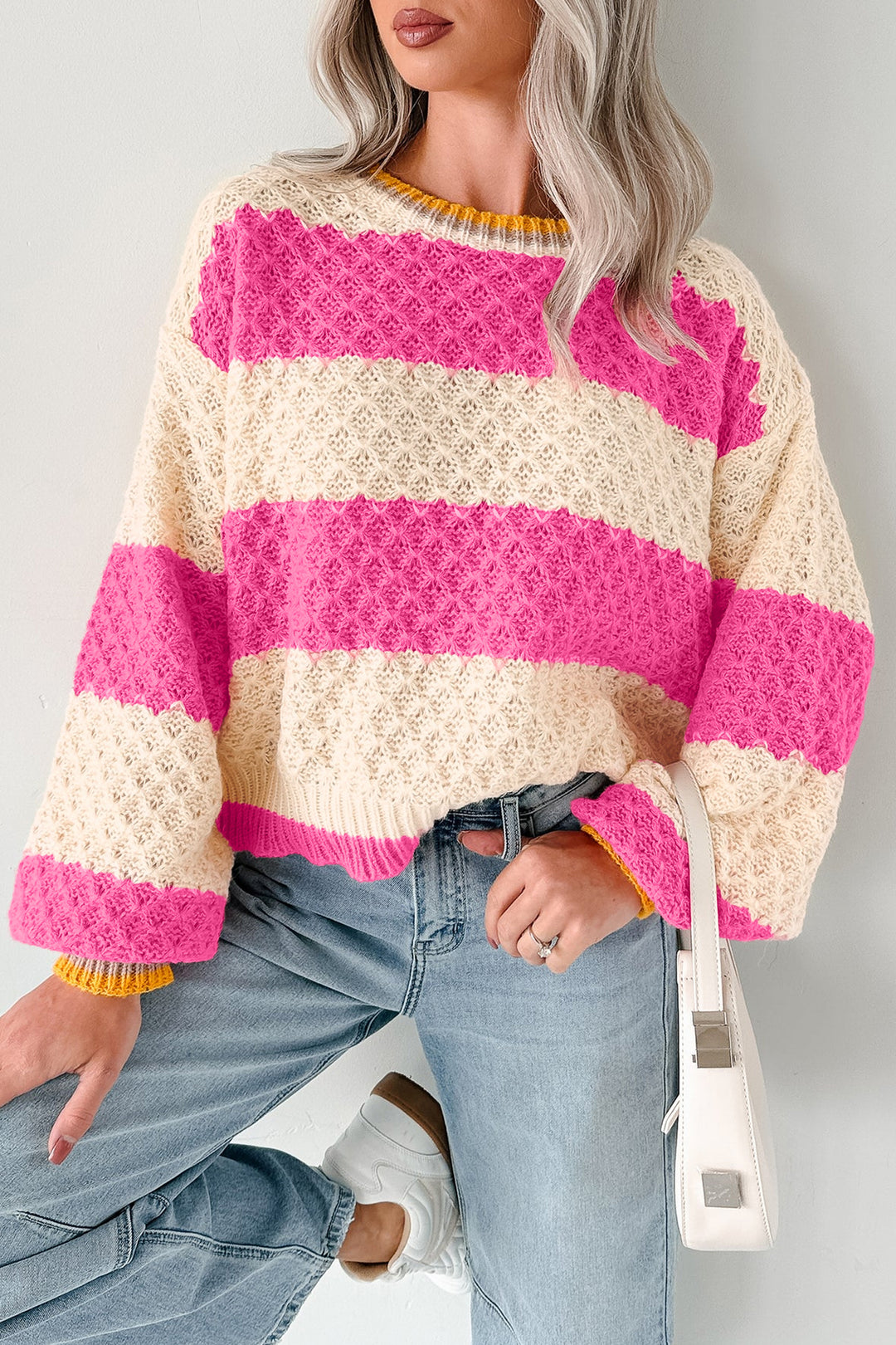 Pink Stripe Striped Colorblock Texture Drop Shoulder Sweater