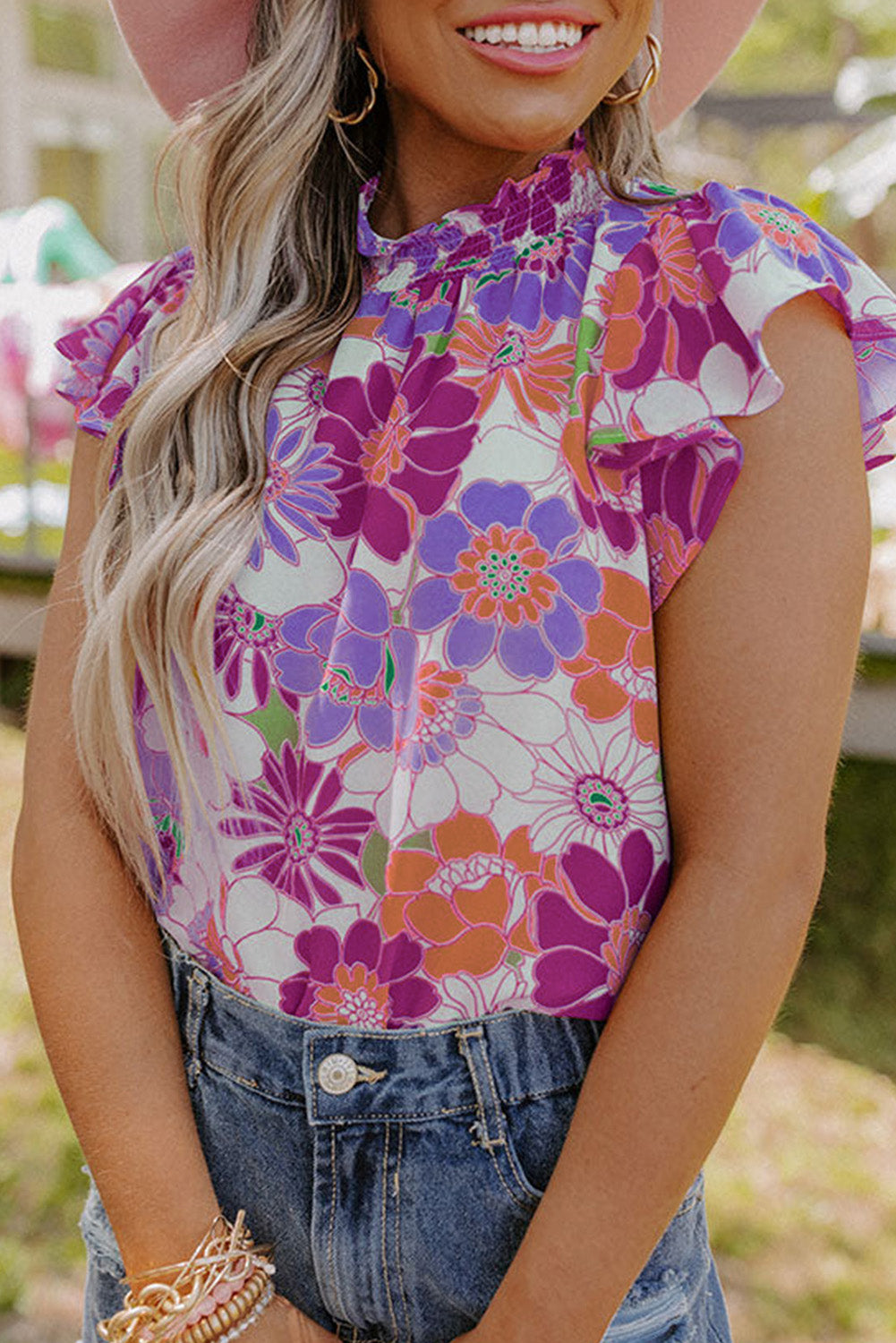 Purple Multicolor Stand Collar Flutter Sleeves Floral Top