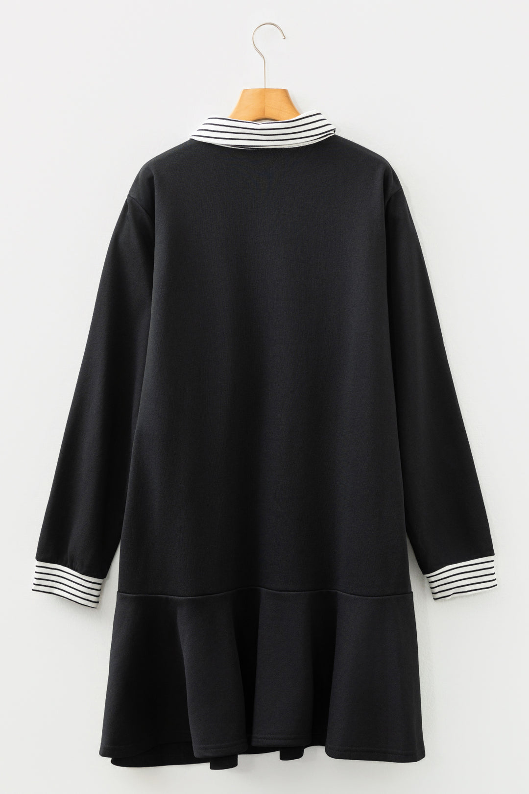 Black Plus Size Striped Cuffs Polo Collar Patchwork Long Sleeve Ruffle Hem Dress