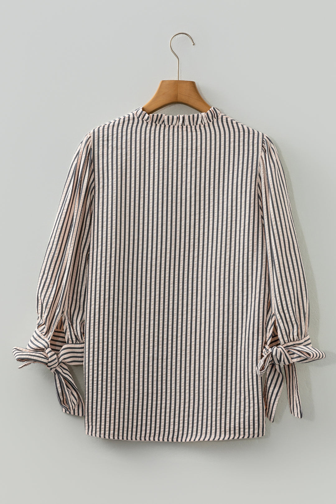 Black Stripe Knotted Cuff Long Sleeve V Neck Blouse