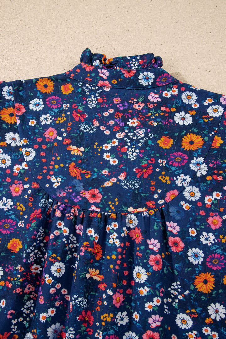 Blue Wild Daisy Floral Split Neck Short Puff Sleeve Mini Dress