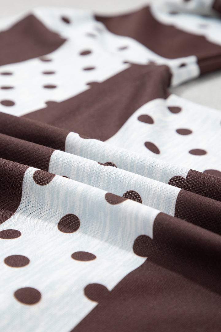 Brown Stripe Patchwork Polka Dot Accent Quarter Zip Long Sleeve Top
